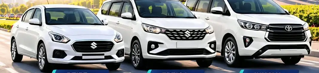 White Dzire, Ertiga and Innova cars used for corporate transport